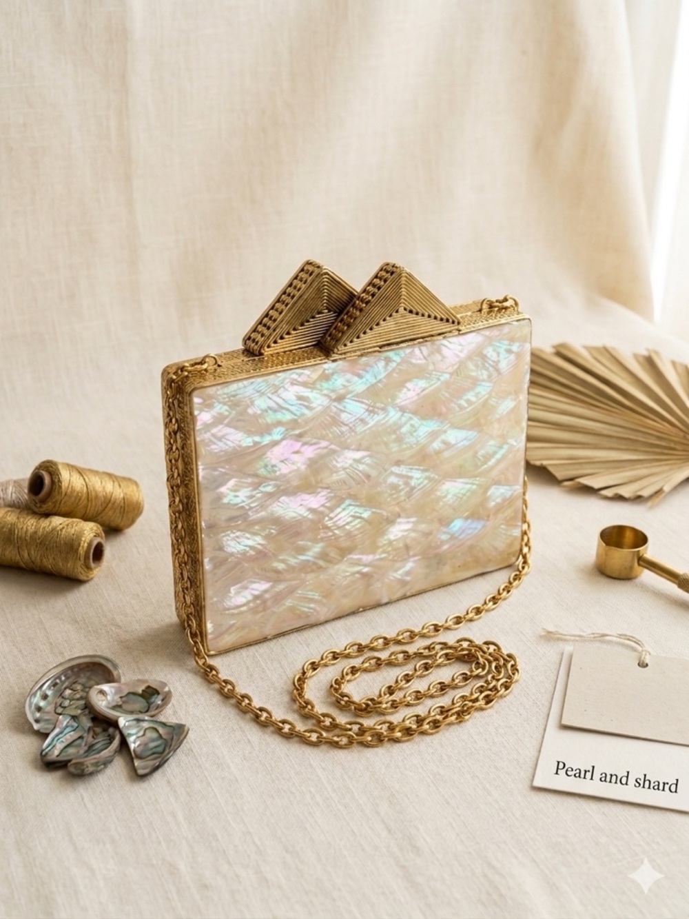 Iridescent Shell Effect Box Clutch with Gold Chain - Picture 4 of 12